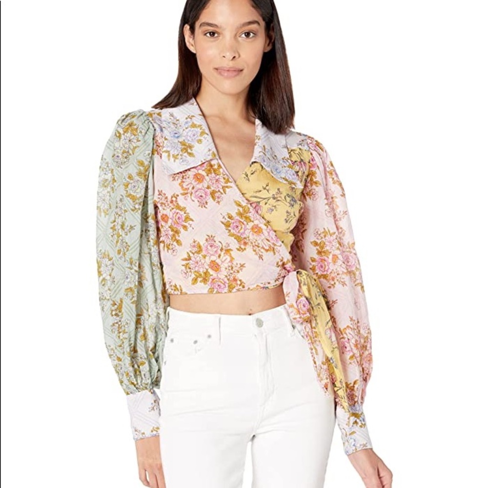 Free People Lucky Penny Floral Pastel Wrap Collar Blouse